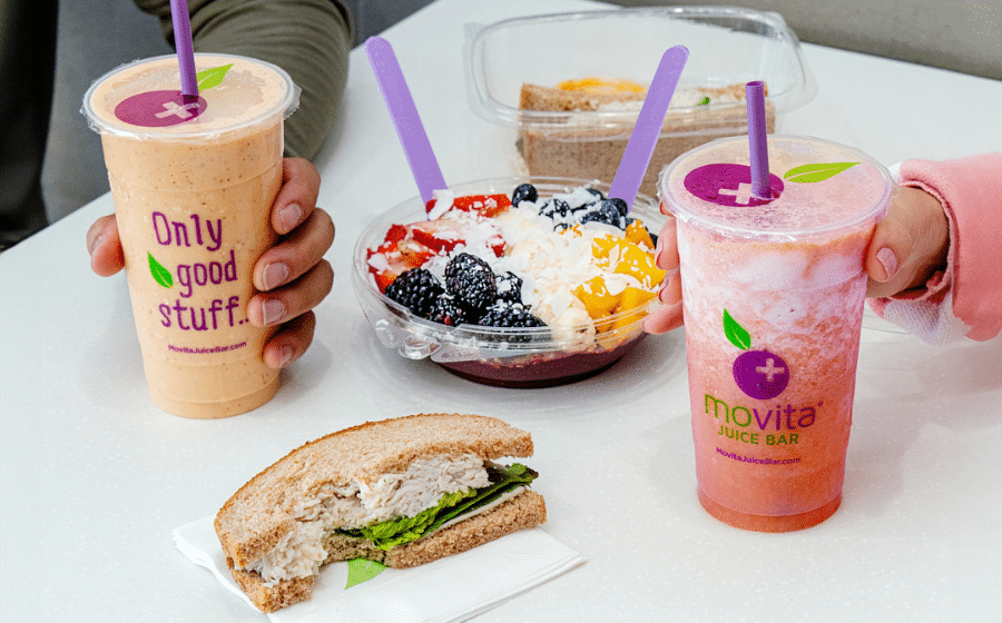 Various food and drink products from Movita Juice Bar franchise