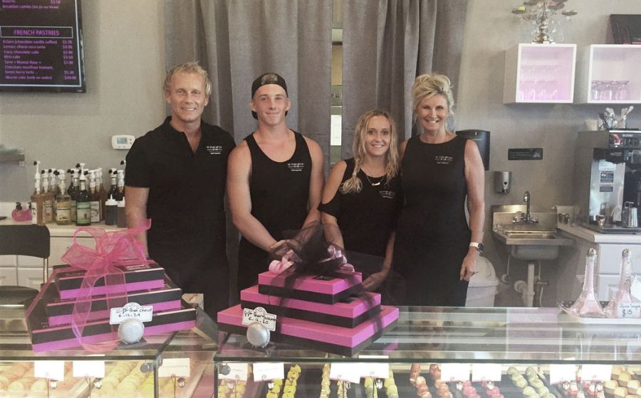 Sabine and Stéphane Juskowiak with their children at opening of Le Macaron franchise